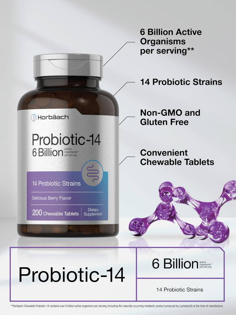 Horbäach Probiotics 6 Billion CFUs | 200 Chewable Tablets | Berry Flavor | 14 Probiotic Strains | Vegetarian, Non-GMO & Gluten Free Supplement for Men & Women