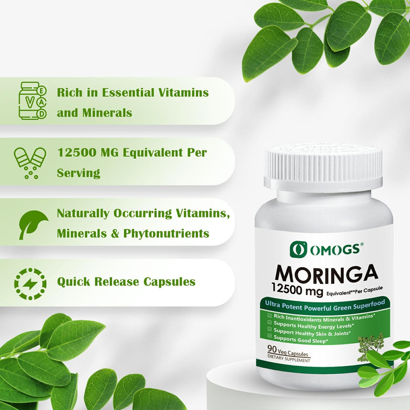 OMOGS Moringa Capsules, Pure Moringa Oleifera Leaf Powder Supplement, Rich Inantioxidants Minerals & Vitamins, for Energy, Metabolism, Immunity & Sleep, Non-GMO, 90 Veg Capsules 1 Count (Pack of 1)