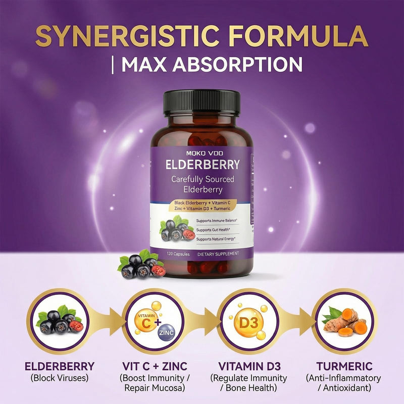 Elderberry Immune Support Capsules, Sambucus with Vitamin C Zinc D3 Turmeric FOS, 120 Vegan Enteric Coated Non-GMO Herbal Supplement