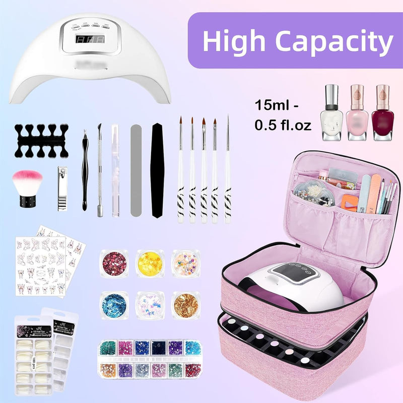 ALSLEA Nail Polish Organizer Holds 30 Bottles (15ml - 0.5 fl.oz) Double-layer Gel Nail Polish Kit Case, Nail Holder for Nail Lamp, Portable Nail Organizer and Storage for Nail Supplies (Pink) Pink 30 slots