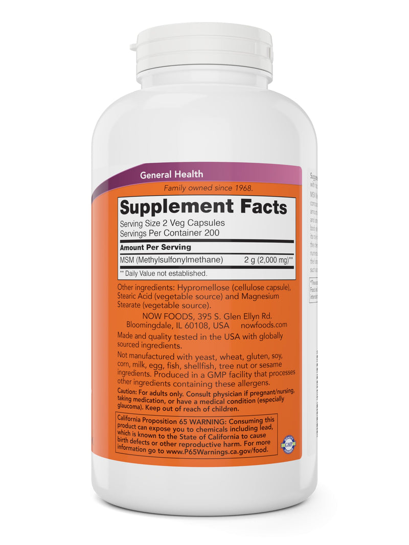 Now MSM 1000mg Veg Capsules, 400 Count Methyl-Sulphonyl-Methane, Made in USA, Sulfur Supplement, Non-GMO, Vegan Vegetarian Friendly 400 Count (Pack of 1)