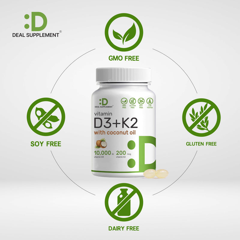 Sunshine Vitamin D - Vitamin D3 10000 IU with K2 MK7 200mcg, Infused with Virgin Coconut Oil, Support Healthy Bones, Teeth and Immune System - Easy to Swallow D3 10000 IU + K2 MK7 200 mcg 250 Count (Pack of 1) - BeesActive Australia