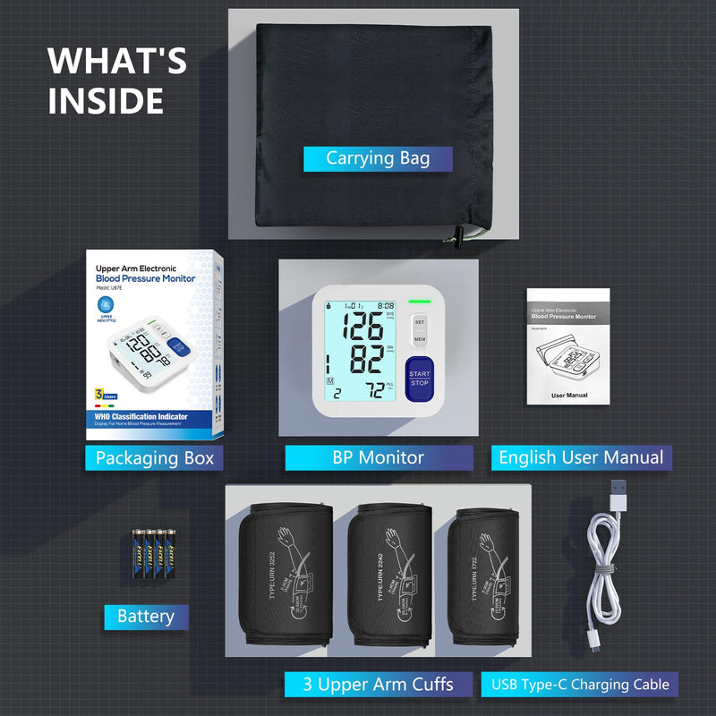 Blood Pressure Machine Upper Arm, 3 Size Cuffs Included, Small 7"-9", Medium 9"-17" and Extra Large XL Cuff 13"-21", Accurate Automatic Digital BP Monitor Home Use, Large Backlit LCD, 3 Users Small & Medium/Large & Extra Large