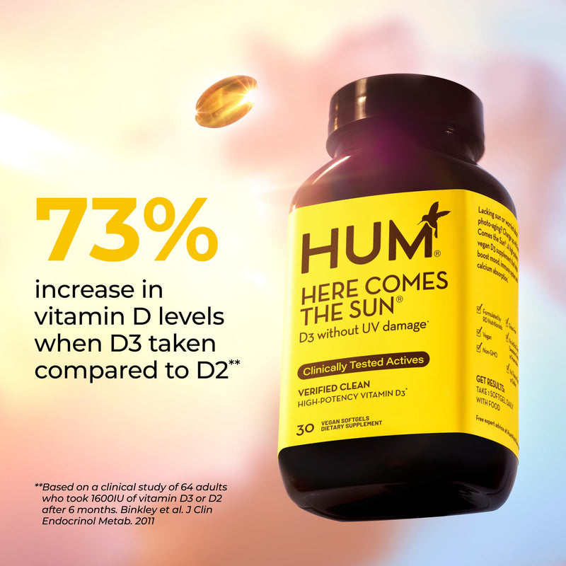 HUM Here Comes The Sun Vitamin D3 Immune Support & Bone Health, 30 Count | 2000 IU D3 from Lichen, Women & Men, Non-GMO, Gluten Free, 30 Capsules 30 Count (Pack of 1)