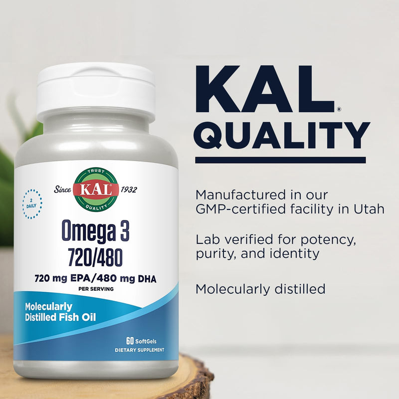 KAL Omega 3 Fish Oil - Eye, Brain, and Joint Support Supplement - Molecularly Distilled and Lab Verified - 30 Servings, 60 Softgels