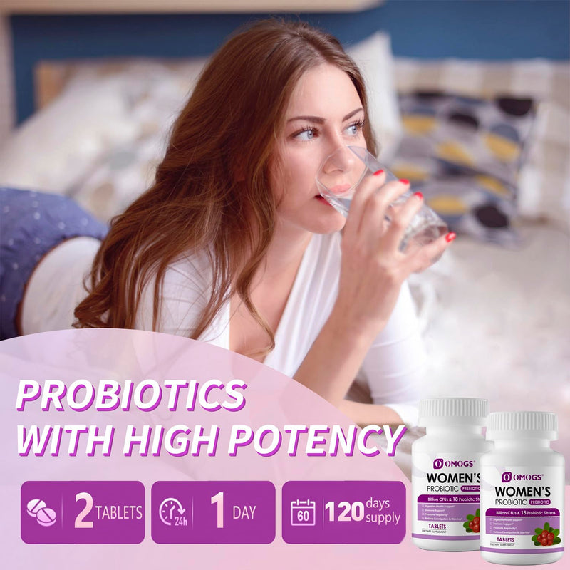 OMOGS 2PCS Women's Probiotic, with Cranberry Extract, Organic Prebiotics & Vitamin C, 120 Billion CFUs,18 Strains, Help for Boost Immune, Digestive, Gut Health & Women's Health, 240 Tablets 240 Count