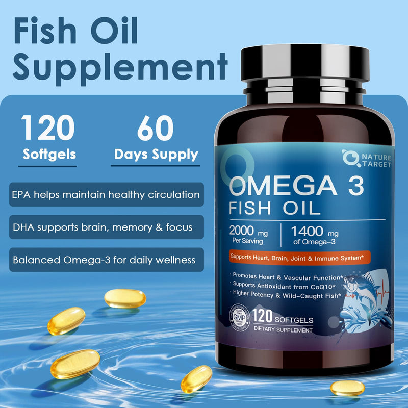 NATURE TARGET Omega 3 Fish Oil 2000mg, 120 Softgels | High-Purity Fish Oil, Rich in Omega-3 Fatty Acids, Supports Heart & Immune Health, Easy to Absorb, No Fishy Aftertaste 120 Count (Pack of 1)