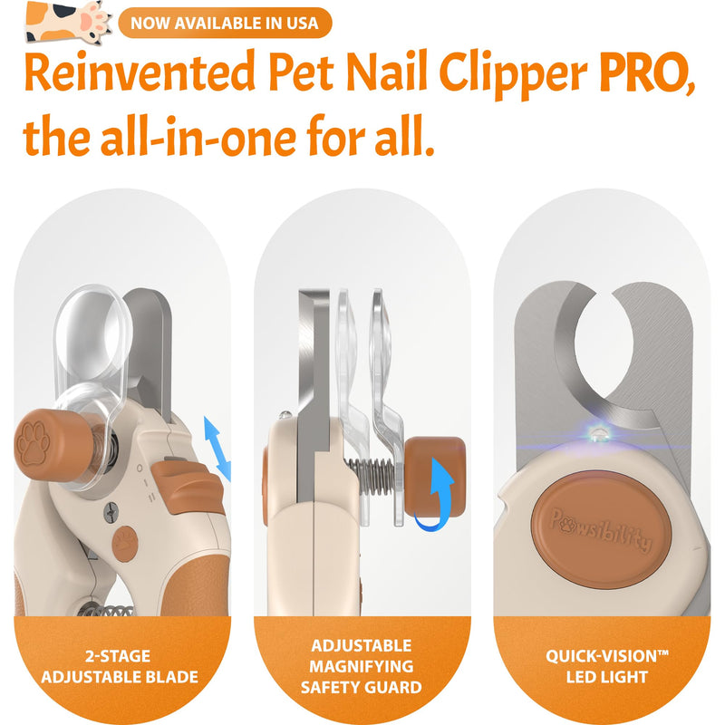 Pawsibility Pet Nail Clipper PRO 2026 - Quick-Vision LED Light | 2-Stage Adjustable Professional-Grade Blade | Adjustable Magnifier Safety Guard - for Cats, Small, Medium and Large Dogs - Brown Medium&Large *Brown - BeesActive Australia