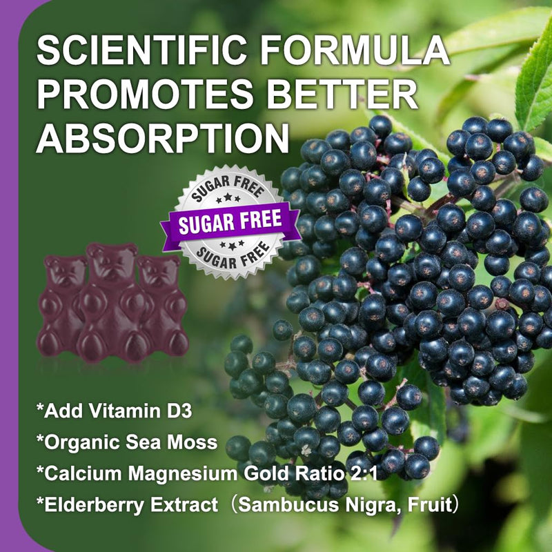 Calcium Magnesium Zinc Gummies witn Elderberry and Sea Moss, Calcium Magnesium 2:1, Contains Magnesium Glycinate, Vitamin D3, for Bones, Muscles, Calm Mood & Sleep Support , 60 Gummies(3 Packs) Sweet Elderberry 60 Count(Pack of 3)