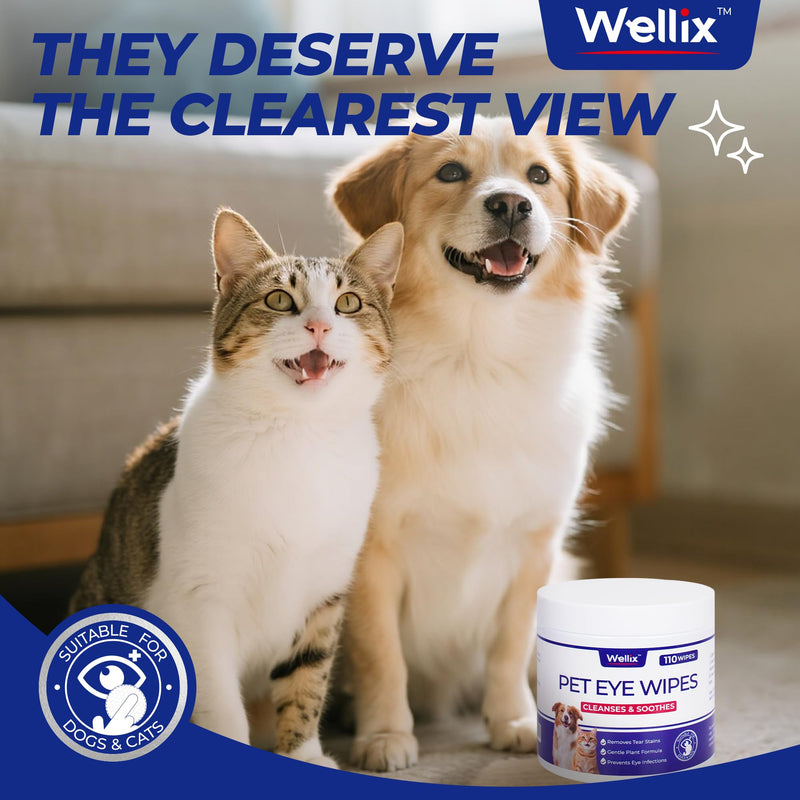 Wellix 110 Counts Dog & Cat Eye Wipes for Discharge and Crust - Pet Eye Wipes Tear Stain Remover for Dogs and Cats - Dog and Cat Grooming Wipes for Eyes, Wrinkle & Face - 3.15 Inches Extra Large 110 count-wipes