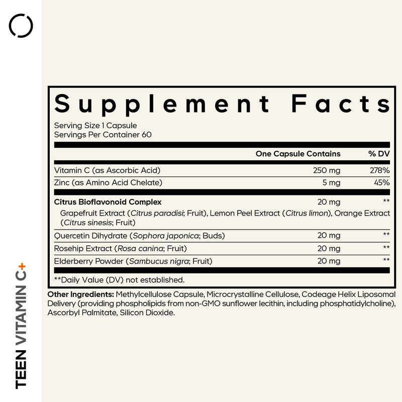 Codeage Teen Vitamin C+ Supplement - Liposomal 250mg Vitamin C for Teenagers - Quercetin, Zinc, Elderberry & Rosehip Extracts, Citrus Bioflavonoids - Ages 12-18 - Gluten-Free, Non-GMO - 60 Capsules