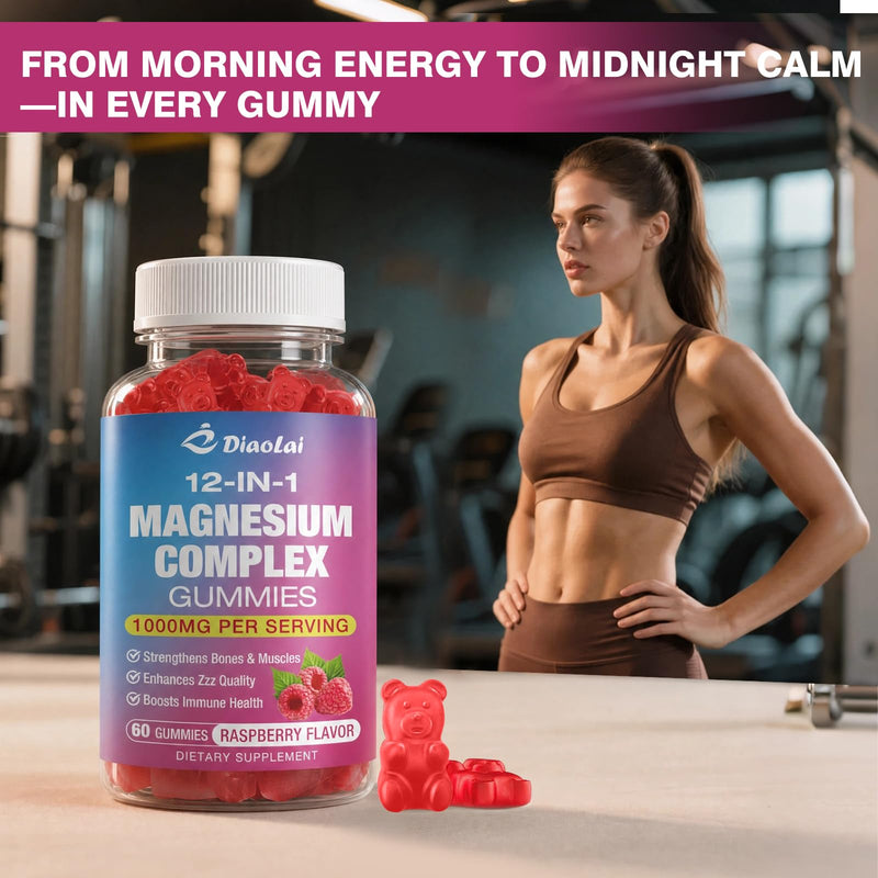 2 Pack Magnesium Complex Gummies with Citrate, Glycinate, Malate, Oxide – Plus Vitamin D3, B6, C, Ashwagandha & CoQ10 – Raspberry Flavor, 120 Count for Women & Men