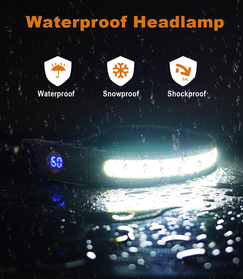 Headlamp Rechargeable, 230° Wide Beam LED Forehead Lamp with Digital Battery Display, Waterproof Headlight Flashlight for Camping Hiking Running Indoor Outdoor, Adjustable Silicone Band