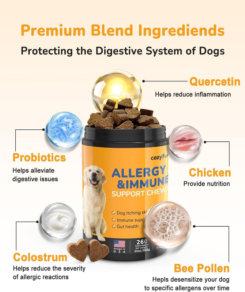 Dog Allergy Chews 260Ct - 23oz Dog Supplements for Itchy Skin and Paw Licking, USA Lab Formula with Probiotics, Dogs are Human Multivitamin Itch Relief, Boost Immune System (260CT)
