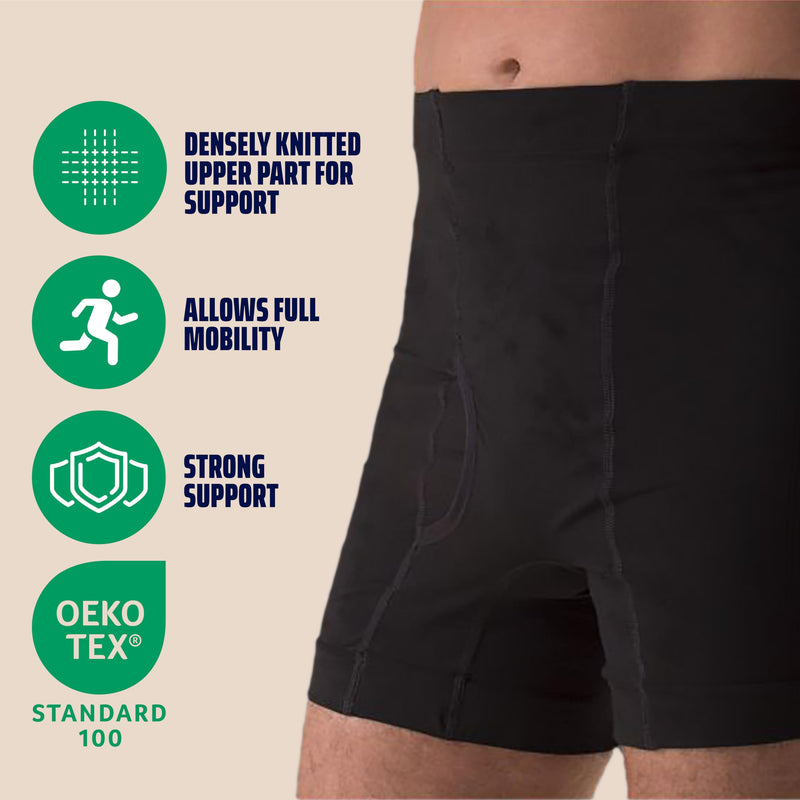 Regular Male Boxer Low for Medium Ostomy and Hernia Support (Black, XL) | Seamless Ostomy & Hernia Briefs for Men | Comfortable Ostomy & Hernia Support Underwear | Colostomy Support Garment