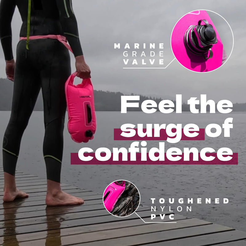 Swim Buoy for Open Water with Dry Bag 15L - Fully Waterproof Swim Bubble - Be Safe with Higher Visibility, Toughened Nylon and Rest Handle Swimming Buoy - Open Water Buoy for All Season Swimmers Pink - BeesActive Australia