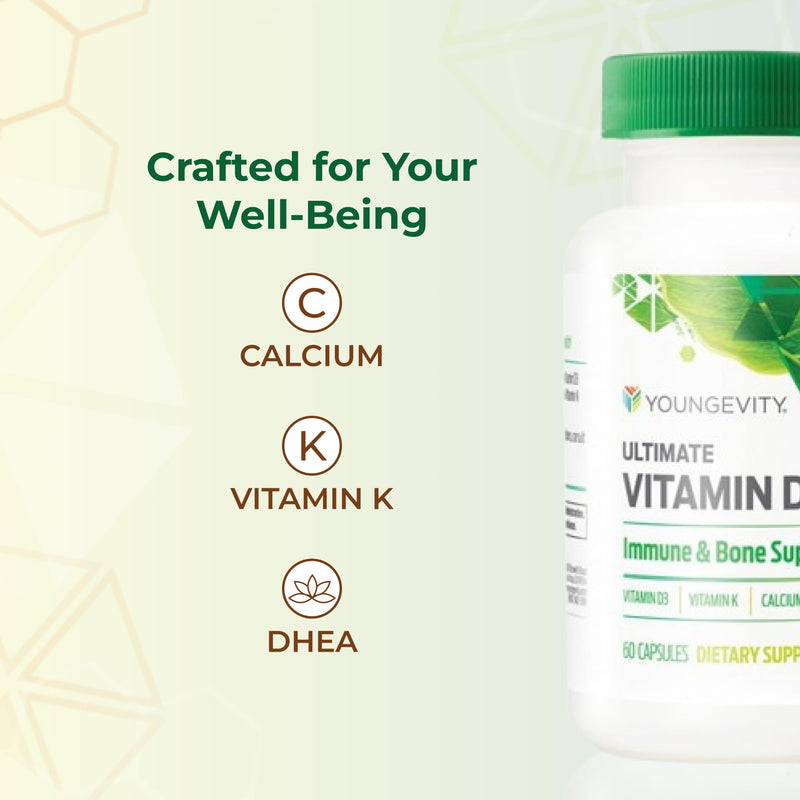 Youngevity High-Potency Vitamin D3 5000 IU with K2, Calcium, 60 Capsules | Vitamin D3 5000 IU, vitamin K2 and calcium, immune support, calcium absorption, bone density, joint support, 60 capsules