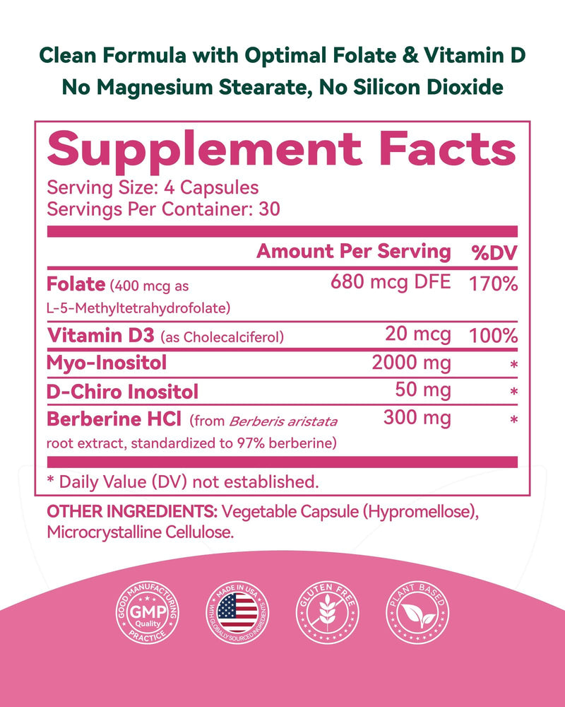 Inositol Supplement for Women, Myo-Inositol & D-Chiro Inositol 40:1, Reproductive Wellness with Berberine, MTHF Folate & Vitamin D3, Supports Ovarian Health & Hormonal Balance, 120 Capsules | Inositol Supplement for Women with Berberine, MTHF Folate & ...