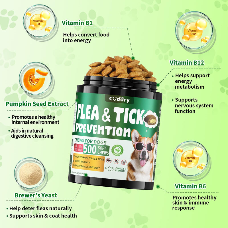 Flea and Tick Prevention for Dogs Chews- 500 Crunchy & Creamy Chews, Dogs Flea Chewables with Skin & Coat Support - Oral Supplement for All Breeds & Ages - Chicken & Cheese Flavor