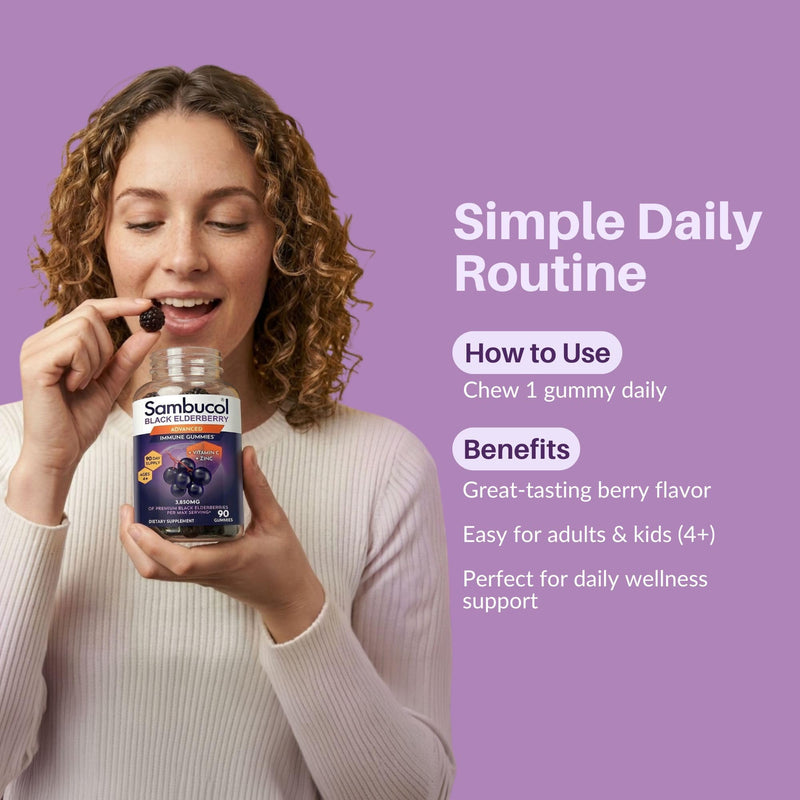 Sambucol Elderberry Gummies - Immune Support Supplement - 90 Count | Advanced Formula For Adults & Kids with Vitamin C & Zinc, Sambucol Elderberry are High in Antioxidants, Gluten Free, Vegan 90 Count (Pack of 1)