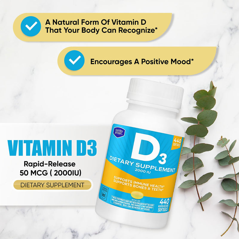 berkley jensen Vitamin D3 2000IU (50 mcg), Dietary Supplement for Teeth, Muscle, Immune Function, and Bone Health, for Men and Women, Made in USA, NSF Certified -440 Softgels, 440 Day Supply 440 Count (Pack of 1)