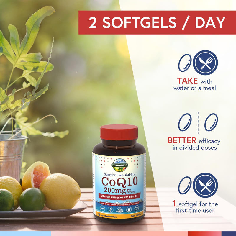 Terranics CoQ10 200mg, Coenzyme Q10 Supplement with Extra Virgin Olive Oil for Enhanced Absorption, Made in USA, Supports Heart Health, Antioxidant Protection, Energy Production, Non-GMO, 240 Softgels 240 Count (Pack of 1)