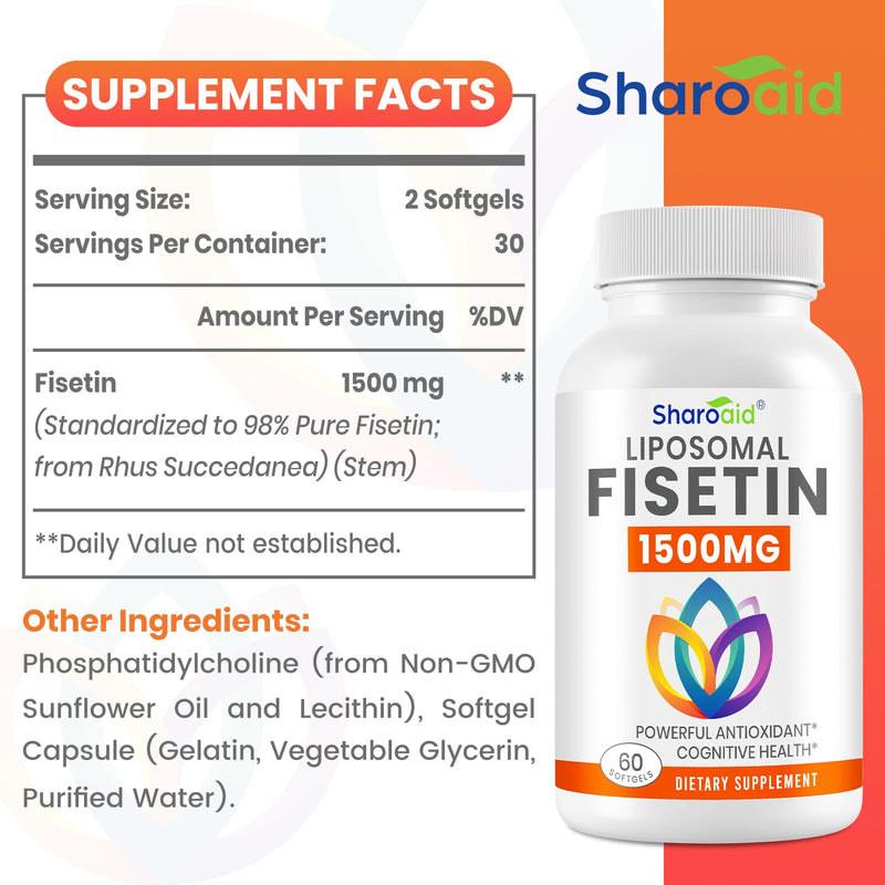 1500mg Fisetin Supplements - Powerful Absorption with Liposomal Delivery,98% Pure Fisetin,Polyphenol Antioxidant for Healthy Aging,Non-GMO - 2 Bottles, 120 Softgels for Adults 60 Count (Pack of 2)