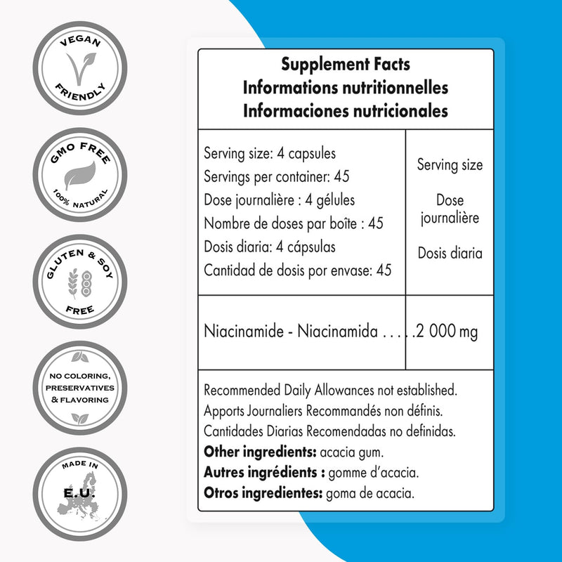 Supersmart - Niacinamide Supplement 2000mg per Day (Nicotinamide) - Flush Free Vitamin B3 Niacin | Non-GMO & Gluten Free - 180 Vegetarian Capsules