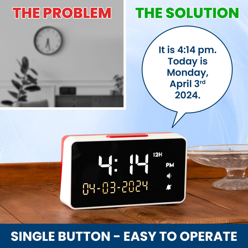 Talking Clock - Extra Loud Time & Date for Elderly, Dementia, Low Vision Red