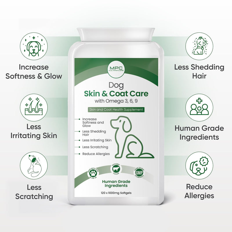 Dog Skin & Coat Supplement | Omega 3-6-9 Softgel Capsules | EPA, DHA & Linoleic Acid | Reduces Itching, Shedding & Dry Skin | Visibly Shinier Coat | Human Grade Ingredients | UK GMP | 120 Count