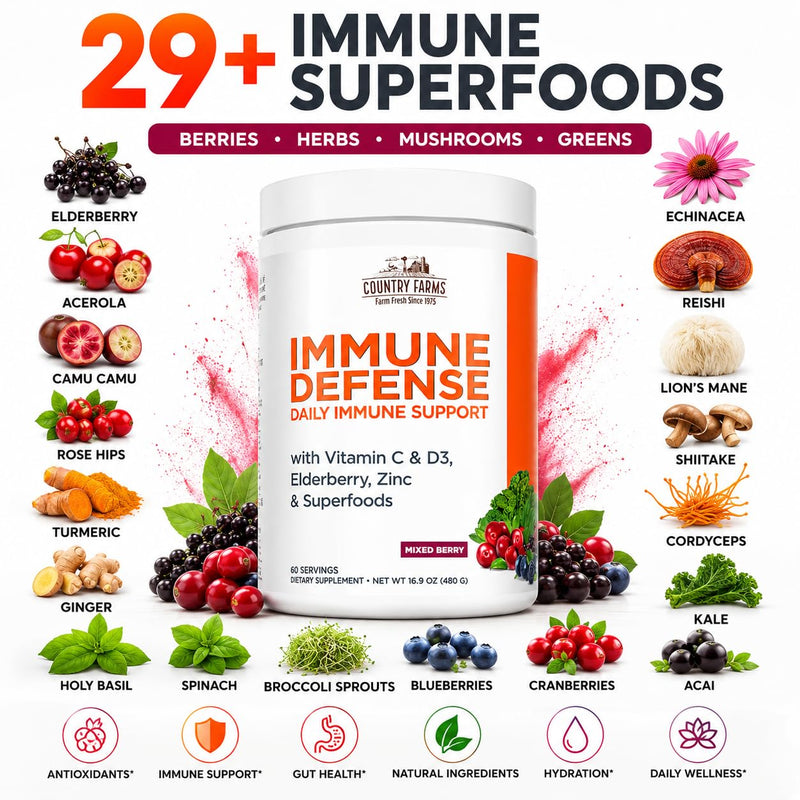 Country Farms Immune Defense Superfoods, Immune Support Supplement, Vitamin C with Black Elderberry, Echinacea, Turmeric, Supports Hydration, with Probiotics and Prebiotics, Berry Flavor, 60 Servings 1.06 Pound (Pack of 1)