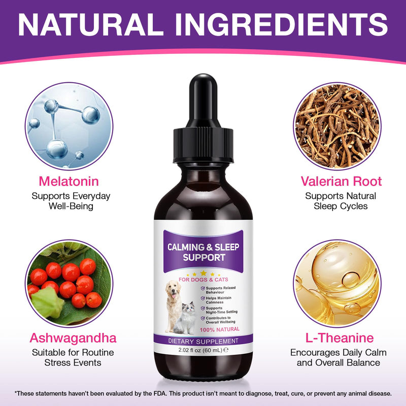 Pet Melatonin Drops 60ml for Dogs & Cats, Calming Liquid Supplement for Pets, Supports Relaxation & Healthy Sleep Cycles, Anxiety Relief for Travel, Fireworks & Stress, Easy Absorption Formula 1