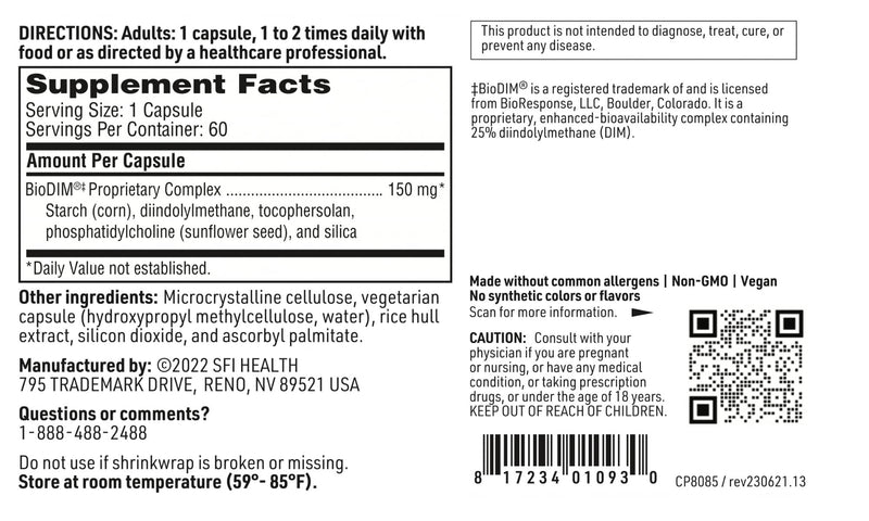 SFI Health Klaire Labs BioDIM - 150mg Diindolylmethane Supplement - Promotes Healthy Estrogen Metabolism in Men & Women - Patented, Bioavailable DIM - Dairy & Gluten-Free (60 Capsules)