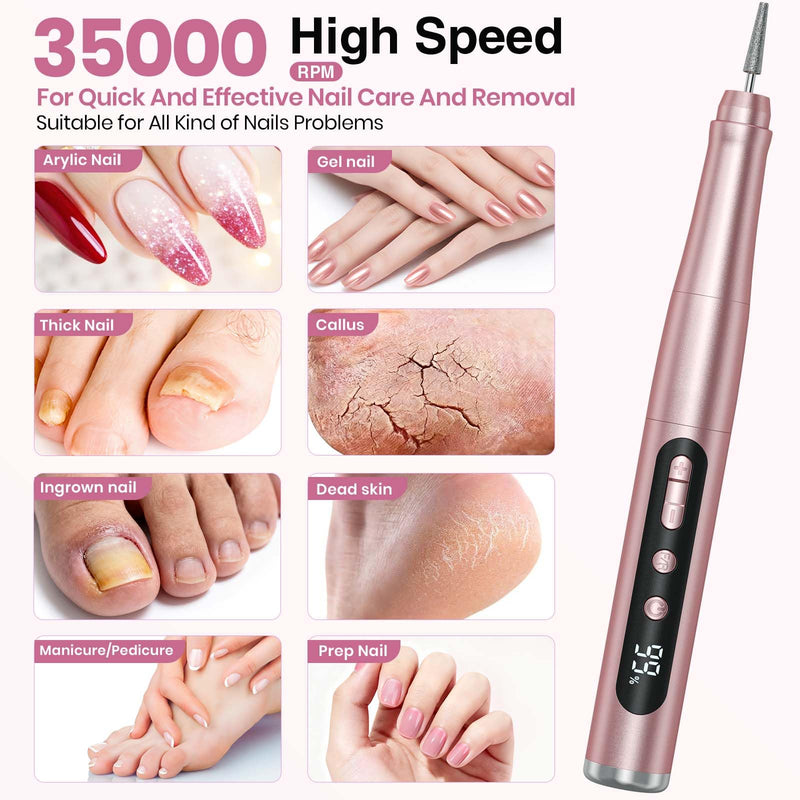 Cordless Nail Drill 35000RPM, Portable Electric Nail File for Acrylic Gel Nails, Professional Manicure Pedicure Kit, Rechargeable Pedicure Tools for feet with LCD Display, Low Noise Low Vibration Rose Gold - BeesActive Australia