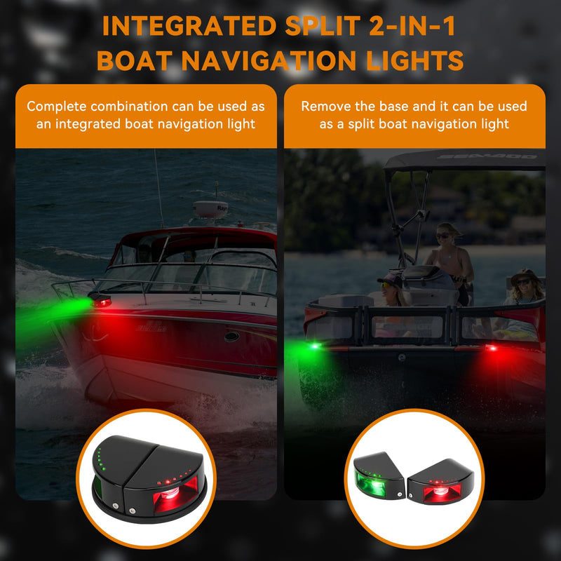 Boat Navigation Lights, Integrated Split 2-in-1 Red and Green LED Bow Lights, IP67 Waterproof Navigation Lights Boat Bow Lights for Pontoon, Yacht and Small Boats(Black)
