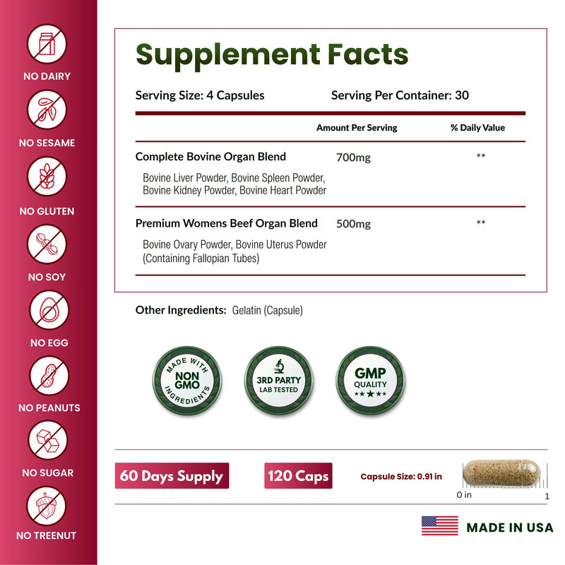 ForestLeaf Beef Organ Supplement for Women - Zero Fillers, Grass Fed Beef Organs Complex - 1200mg per Serving - Support Women's Energy & Overall Health - 120 Capsules Women’s Organ Complex