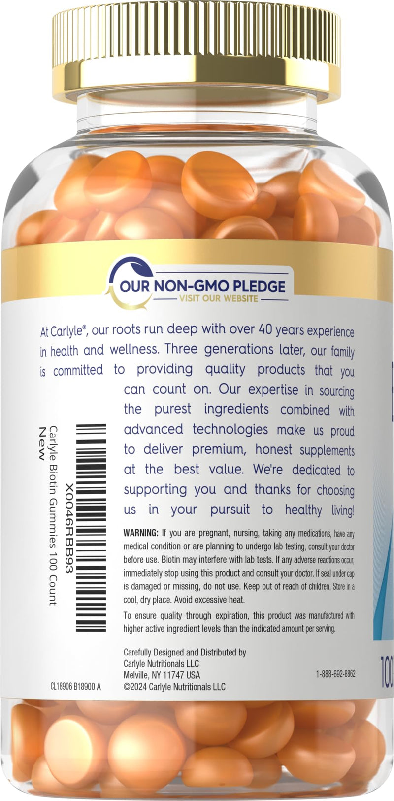 Carlyle Biotin 10000mcg Gummies | 100 Count | Peach Flavor Supplement | Vegan, Non-GMO, Gluten Free 100 Count (Pack of 1)