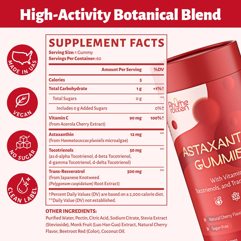Astaxanthin Gummies – Astaxanthin Supplements with 12mg Per Gummy 24mg Max, Sugar Free Vegan Antioxidant with Vitamin C, Resveratrol & Tocotrienols – Supports Skin, Eye & Immune Health – 120 Count Pack of 2(120 Count)