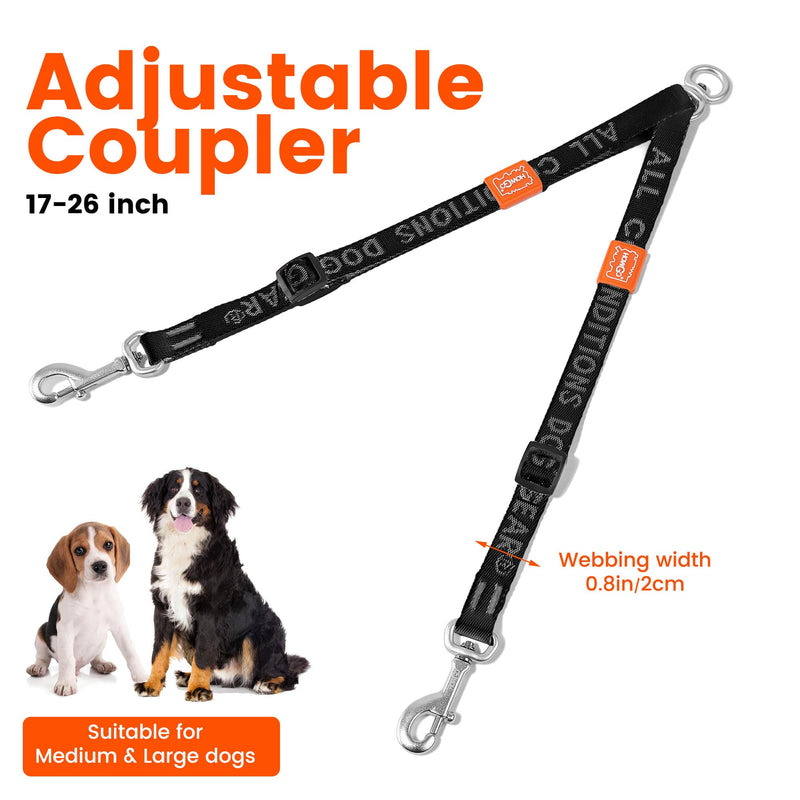 HOWGO Double Dog Leash, No Tangle 360°Swivel Dual Dog Leash, Adjustable Dual Padded Handles, Double Clip Dog Leash Coupler, Leash Splitter for Large and Medium Dogs (Black, 4/5'' x 0.9 FT) Black w/o Handle (30-150 lbs) - BeesActive Australia