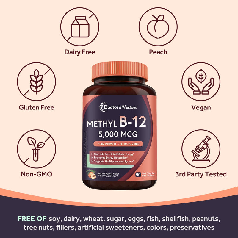 Doctor's Recipes Vitamin B12, Methylcobalamin 5000 mcg 90ct | Fast Dissolve Tablets, Vegan Methyl, Energy Metabolism & Nervous System, Natural Peach Flavor, 90 Count (Pack of 1)