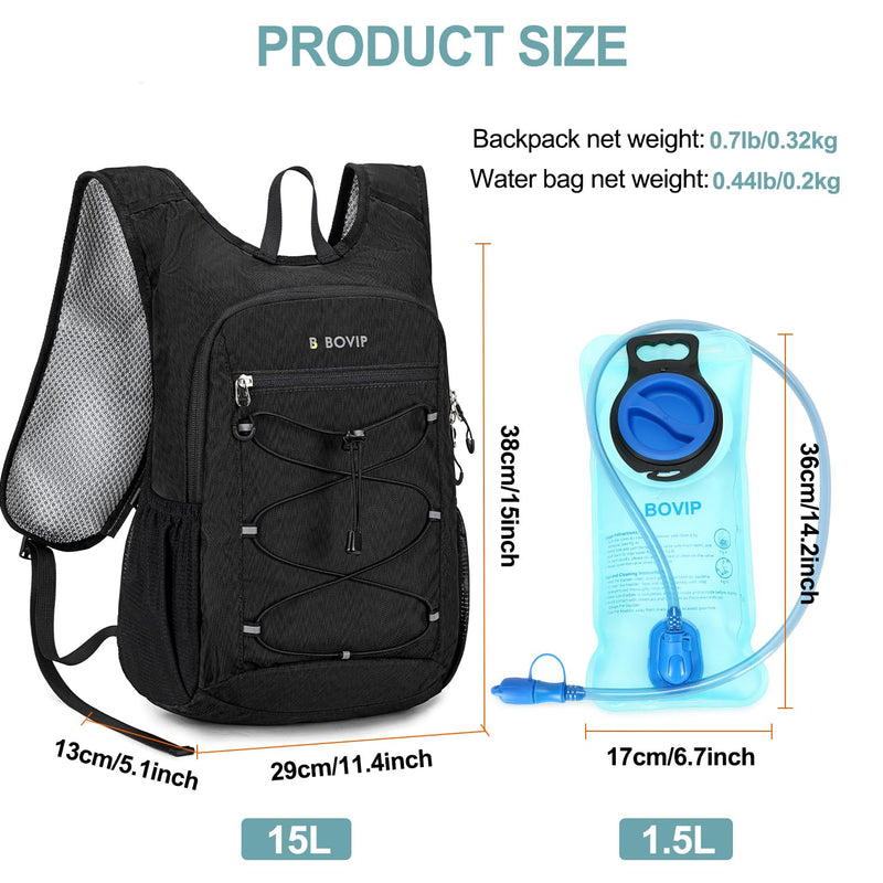 BOVIP Lightweight Hydration Back,15L Multipurpose Hiking Backpack with 1.5L Water Bladder ,Hydro Water Daypack for Cycling Hiking Rave for Men Women Black