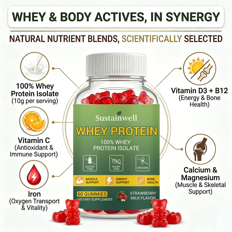 Whey Protein Gummies for Adults & Teens 100% Whey Protein Isolate with Vitamin C, D3, B12, Calcium, Magnesium & Iron, Muscle Support, Energy Boost & Bone Health, Strawberry Milk Flavor, 60 Counts