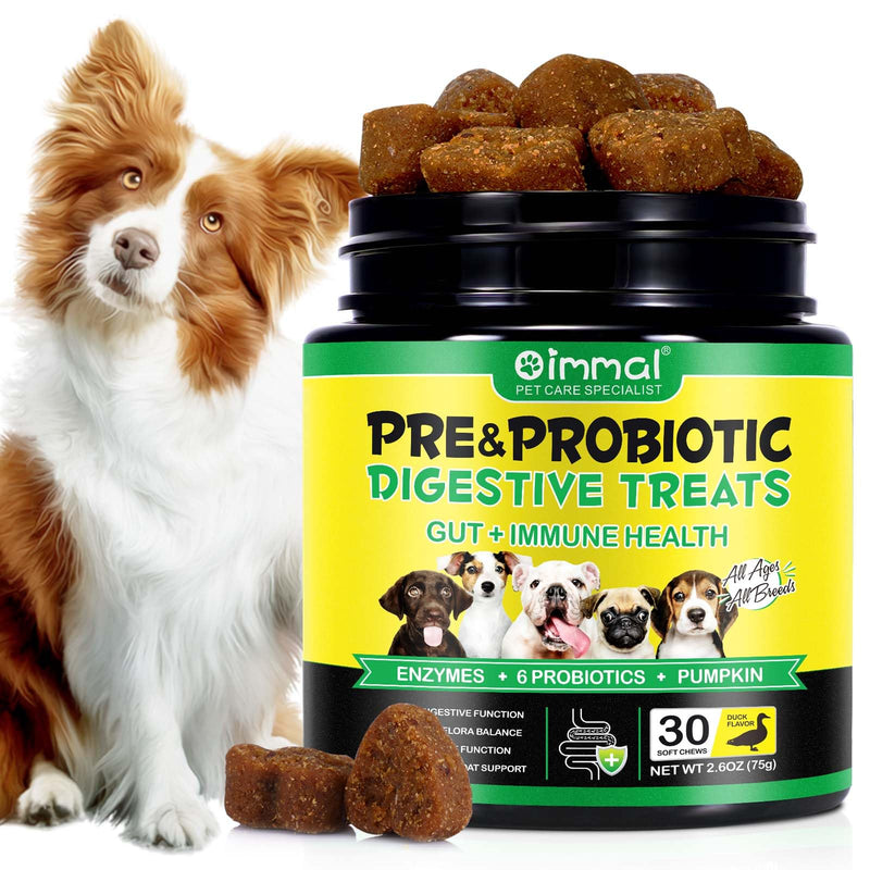 Dog Probiotic Chews with Prebiotics & Digestive Enzymes, Probiotics for Dogs, 30 Duck Flavour Soft Treats for Gut Health, Balanced Microbiome & Daily Vitality Suitable for All Breeds Dogs