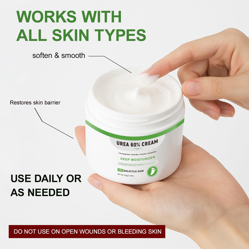 Urea Cream 60 Percent For Feet Maximum Strength Plus Salicylic Acid 2%, Tea Tree Foot Lotion For Dry Feet, Foot Cream Intensive Repair Foot Moisturizer 5.29oz 5.29 Ounce
