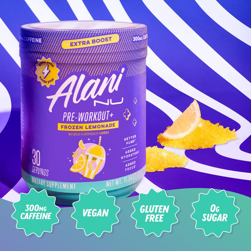 Alani Nu Pre Workout+ Powder Frozen Lemonade, Extra Boost, Sugar Free, 300mg Caffeine, L-Theanine, Beta-Alanine, Citrulline, 30 Servings - BeesActive Australia