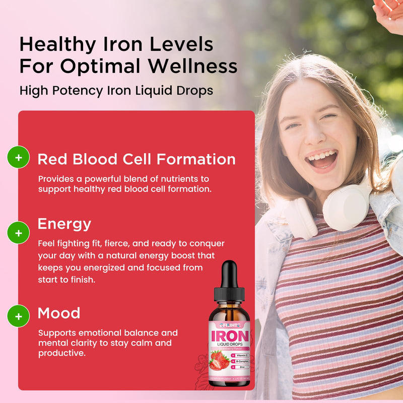 Liquid Iron Supplement for Women Men & Kids Multivitamin Iron Drops with Folate, Vitamin C, B6, B12, Zinc for Anemia, Iron Deficiency, Blood Builder, Energy - Natural Strawberry Flavor, Vegan 2 Fl Oz 2 Fl Oz (Pack of 1)