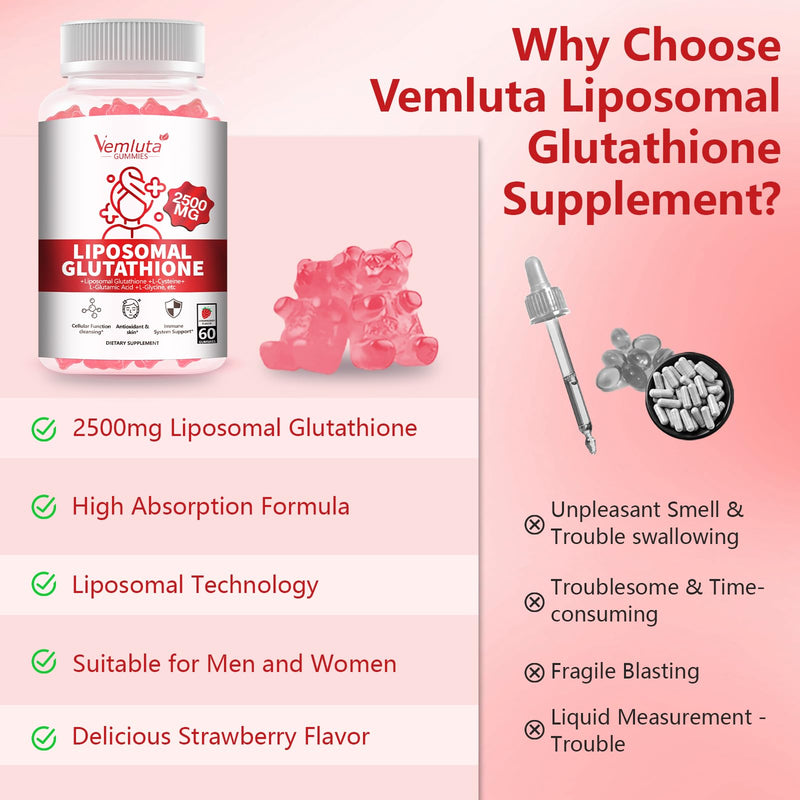 2 Packs 2500MG Liposomal Glutathione Gummies, 2X Absorption Liposomal Glutathione for Women-Complex L-Cysteine, Antioxidant, Skin & Liver Support, Strawberry Flavor, 120 Count 60 Count (Pack of 2)