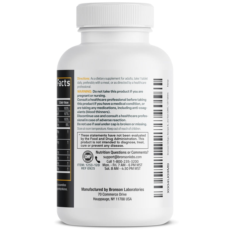 Bronson Ginkgo, Bacopa & Acetyl L-Carnitine Brain & Memory Support Complex with L-Tyrosine, Choline, CoQ10 & Phosphatidylserine Plus Key B Vitamins Non-GMO, 120 Tablets 120 Count (Pack of 1)