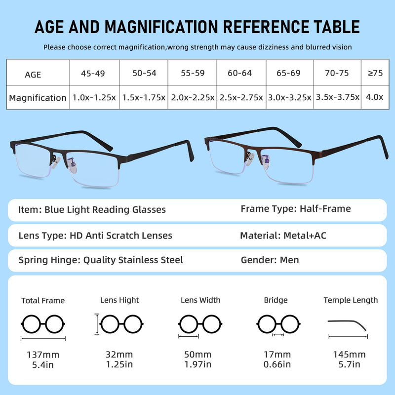 3-Pack Reading Glasses for Men, Lightweight Metal Half Frame Blue Light Blocking Computer Readers,Filter UV Ray/Computer Glare with Spring Hinge Eyeglasses(3PCS Black,+2.0) 3 Pack（black） 2.0 x - BeesActive Australia