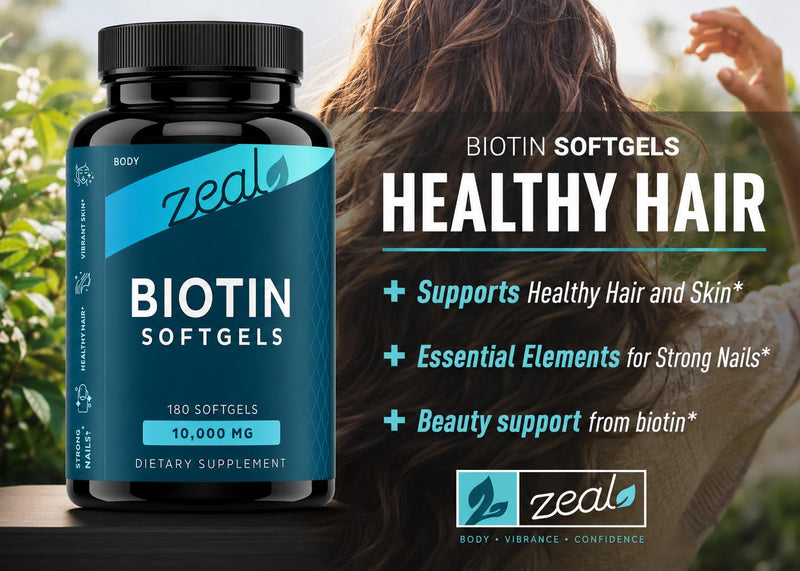 Zeal Biotin 10000mcg Oil Softgels | Hair, Skin and Nail Growth Vitamins | Vitamin Biotin Supplement | 6 mo Supply - 180 Gel Capsules